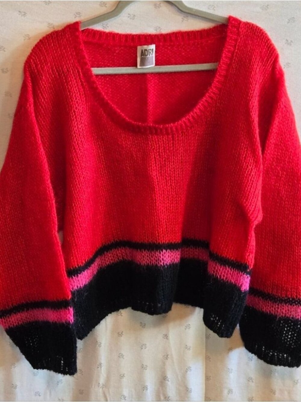 ADRI Women's Vibrant Red Knit Sweater with Black and Pink Accents